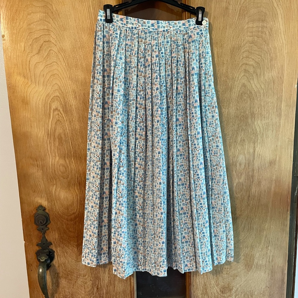Vintage Country Sophisticates Pastel Block Patterned A-Line Pleated Skirt